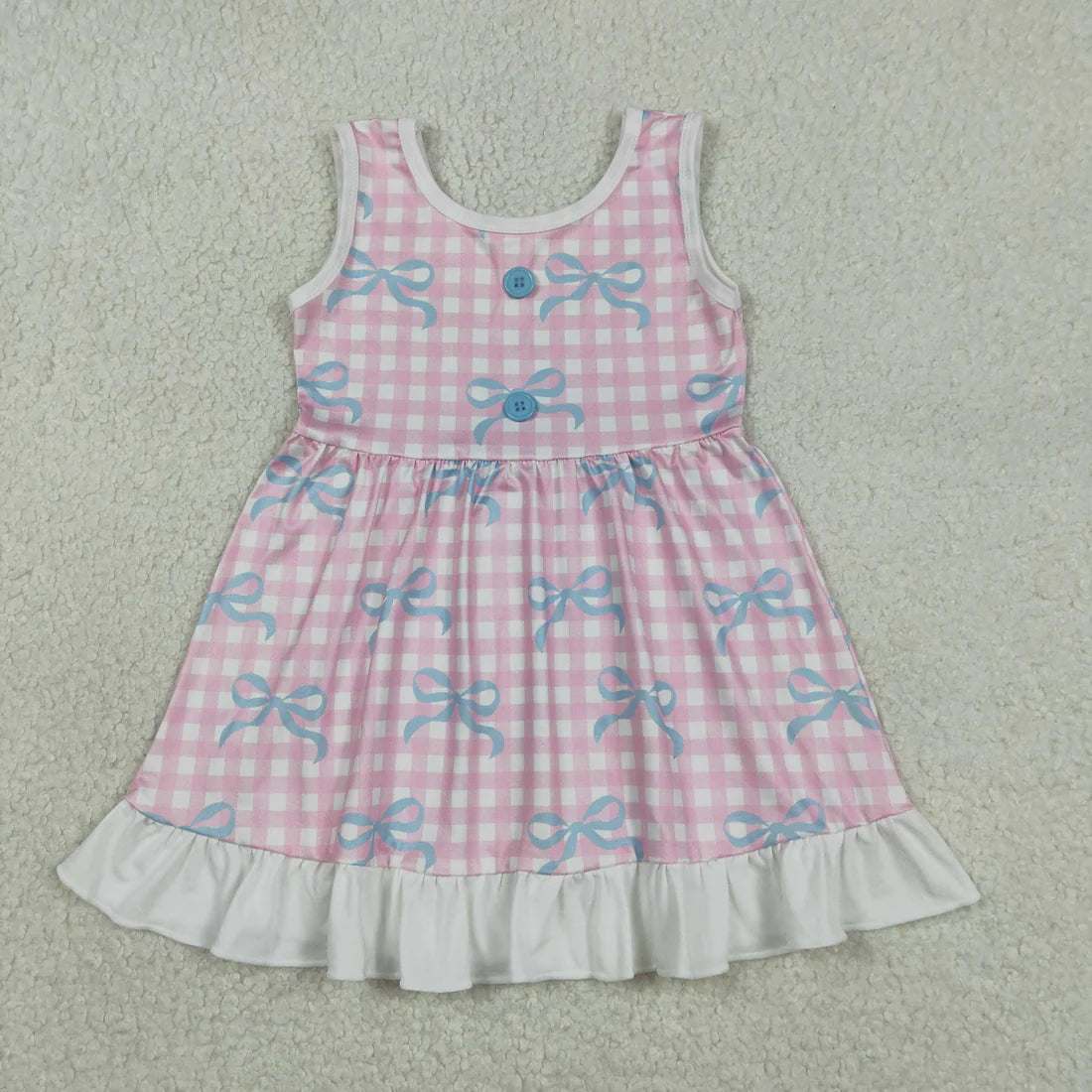 1.7 RST Sibling Baby Girls Sleeveless Bows Checked Button Ruffle Knee Length Dresses