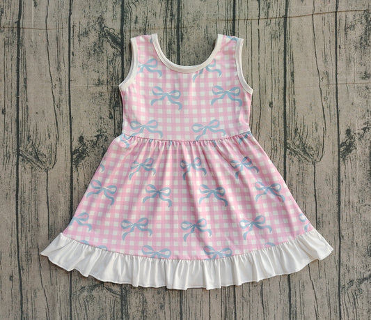 12.11 GSD3145 Pre order No Moq Baby Girls Pink Checked Bows Sleeveless Ruffle Knee Length Dresses