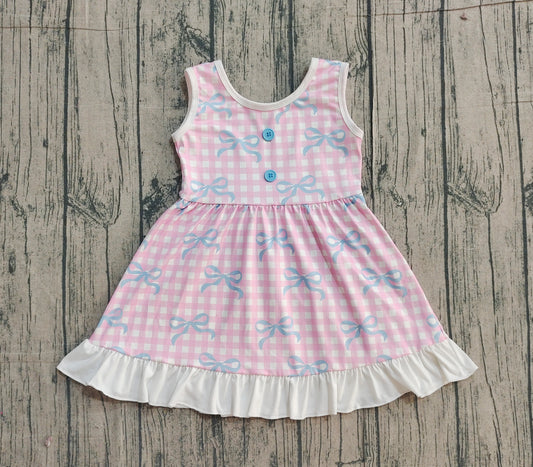 12.12 GSD3145 Pre order No Moq Baby Girls Pink Checked Bows Sleeveless Ruffle Knee Length Dresses