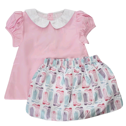 11.19 GSD3146 Pre order No Moq Baby Girls Pink Collar Tunic Western Boots Skirt Shorts Clothes Sets