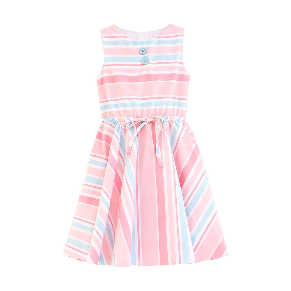11.19 GSD3148 Pre order No Moq Baby Girls Sleeveless Stripes Button Bows Knee Length Dresses