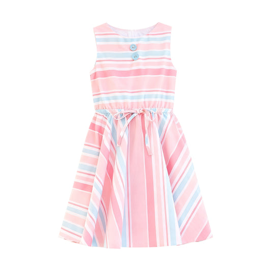 11.19 GSD3148 Pre order No Moq Baby Girls Sleeveless Stripes Button Bows Knee Length Dresses