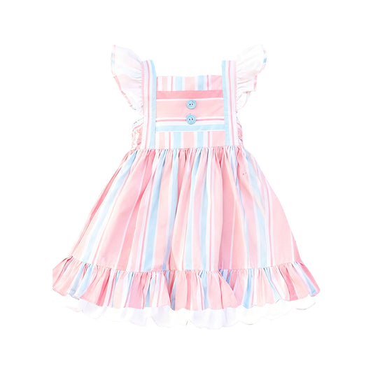 11.19 GSD3149 Pre order No Moq Baby Girls Flutter Sleeve Stripes Button Ruffle Knee Length Dresses