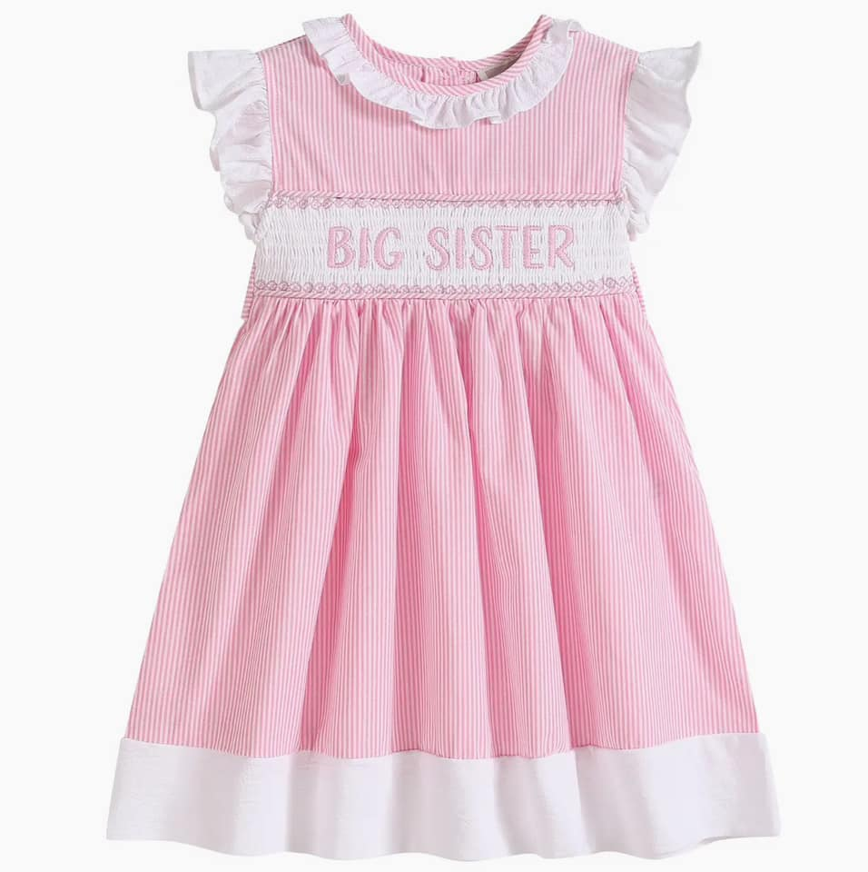 11.19 GSD3153 Pre order No Moq Baby Girls Flutter Sleeve Pink Stripe Big Sister Collar Knee Length Dresses