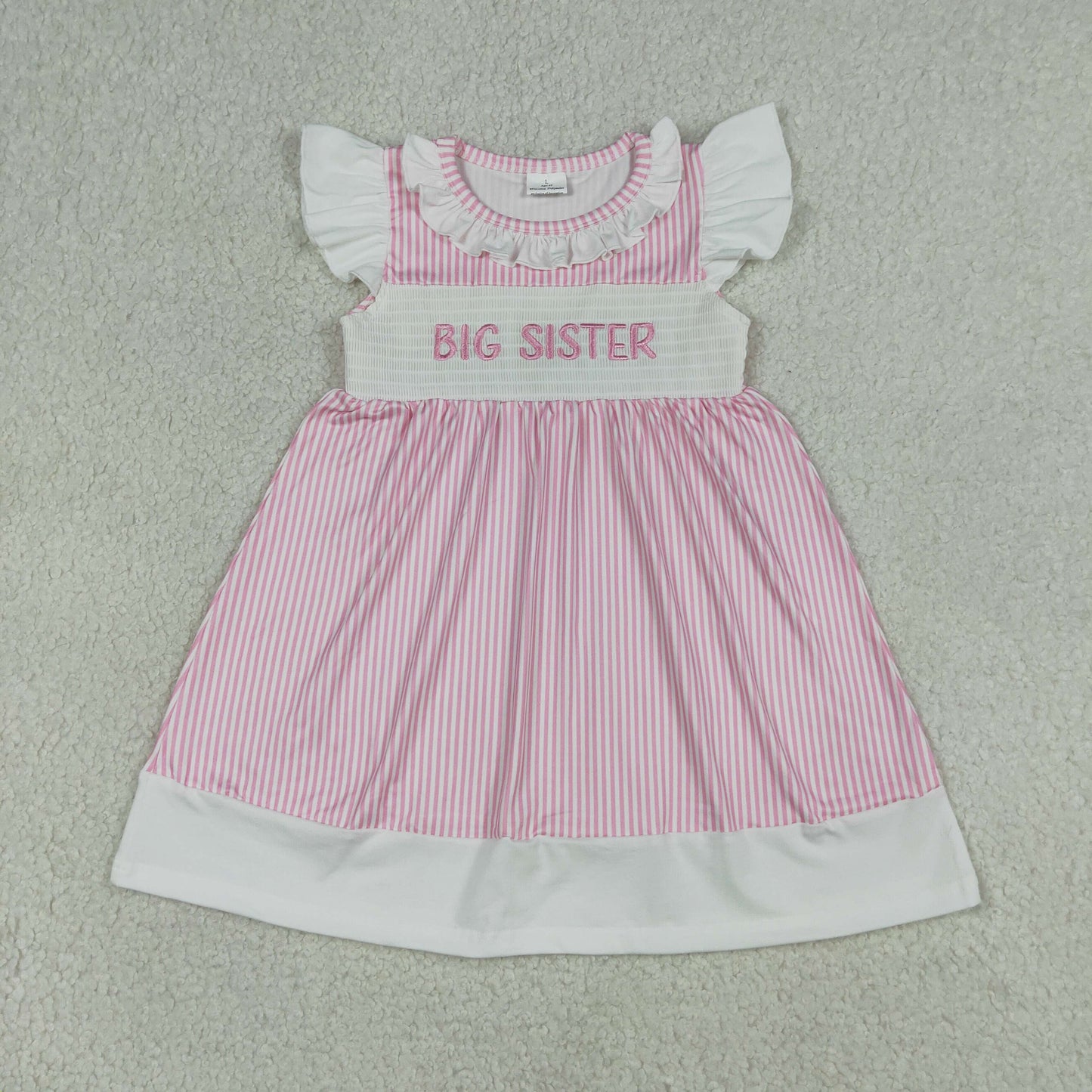 4.14 RTS Sibling Flutter sleeves big sister smocked stripe girls dresses