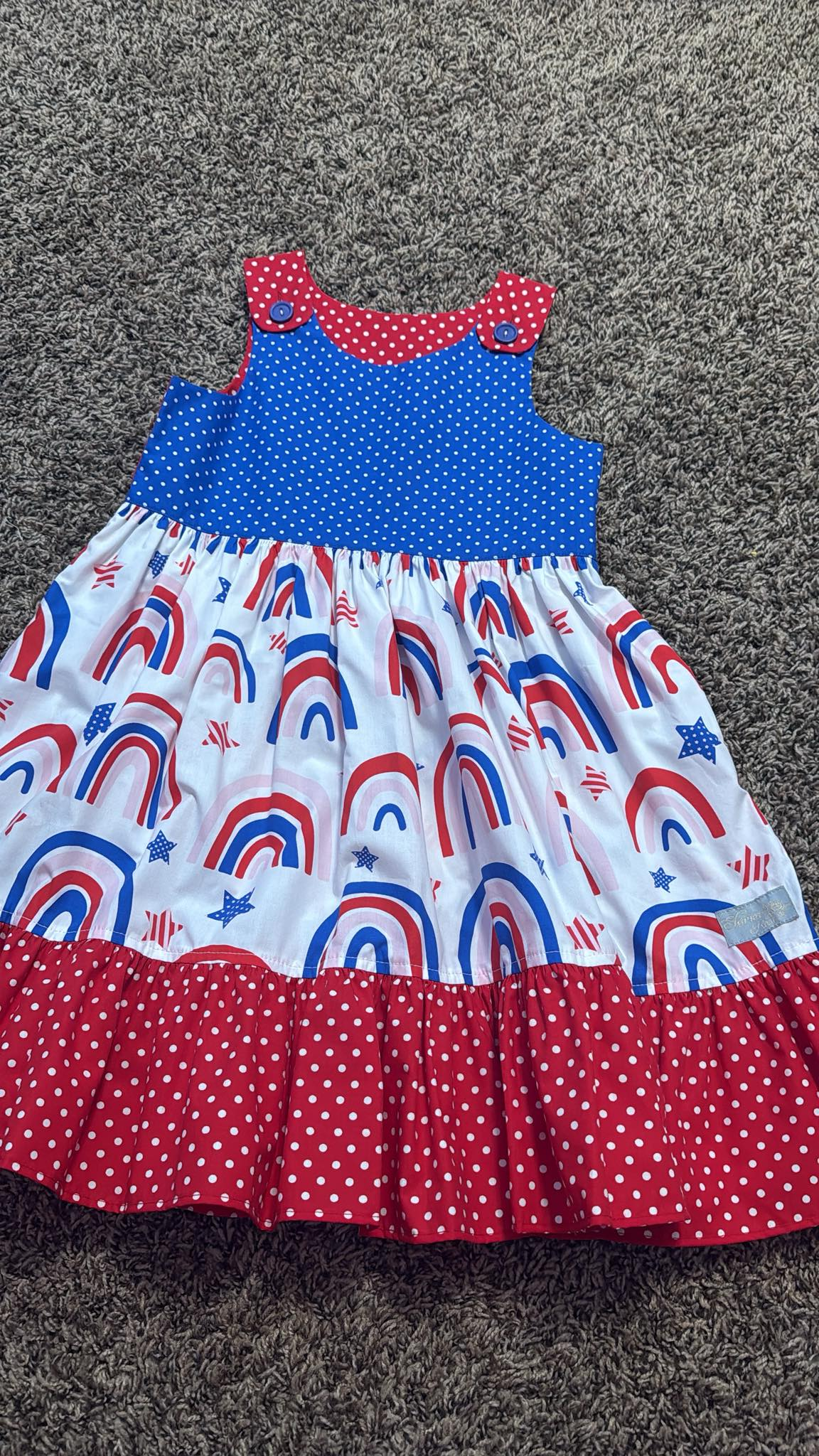 11.19 GSD3157 Pre order No Moq Baby Girls Blue Red Rainbows Polka Dots 4th of July Knee Length Dresses