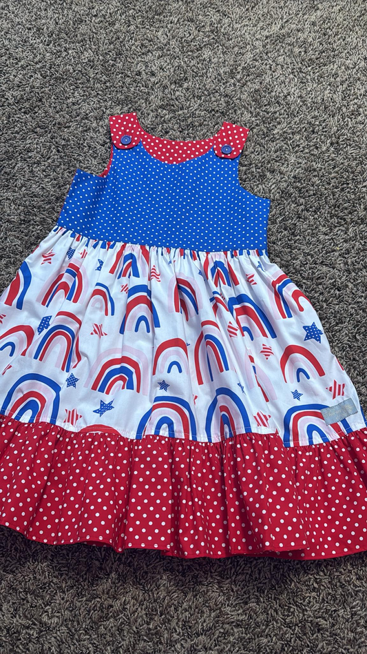 11.19 GSD3157 Pre order No Moq Baby Girls Blue Red Rainbows Polka Dots 4th of July Knee Length Dresses
