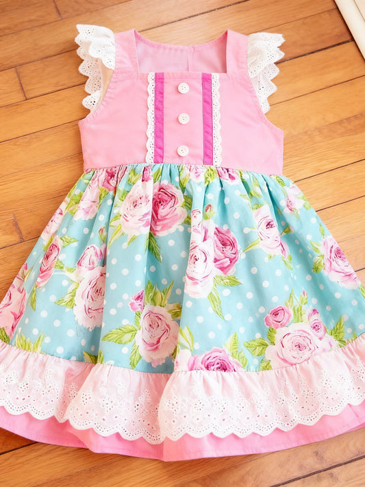 11.19 GSD3158 Pre order No Moq Baby Girls Pink Flowers Polka Dots Button Ruffle Knee Length Dresses