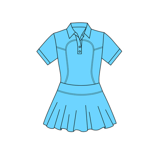 11.20 GSD3159 Pre order No Moq Yoga fabric Baby Girls Aqua Short Sleeve Button Pleated Yoga Knee Length Dresses