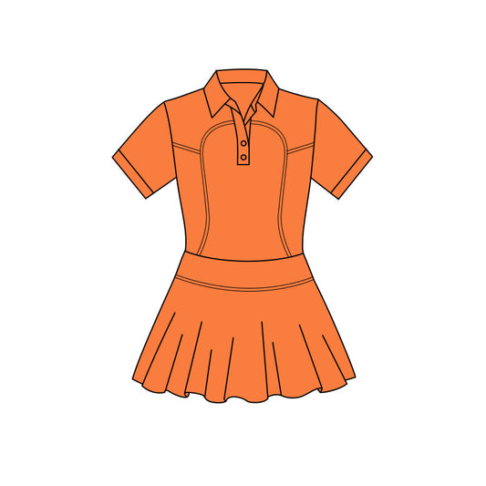 11.20 GSD3168 Pre order No Moq Yoga fabric Baby Girls Orange Short Sleeve Button Pleated Yoga Knee Length Dresses