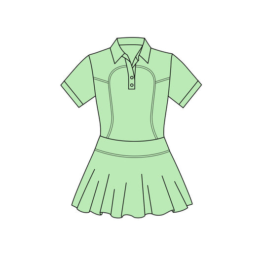 11.20 GSD3169 Pre order No Moq Yoga fabric Baby Girls Green Short Sleeve Button Pleated Yoga Knee Length Dresses