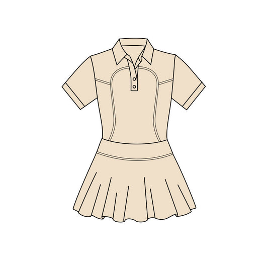 11.20 GSD3170 Pre order No Moq Yoga fabric Baby Girls Khaki Short Sleeve Button Pleated Yoga Knee Length Dresses