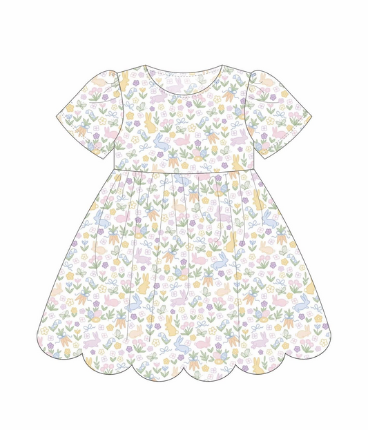 11.20 GSD3173 Pre order No Moq Baby Girls Short Sleeve Rabbits Floral Easter Ruffle Knee Length Dresses