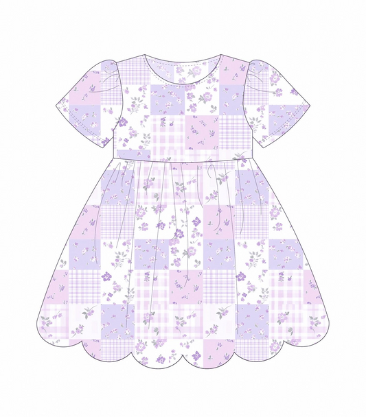 11.20 GSD3174 Pre order No Moq Baby Girls Short Sleeve Lavender Checked Ruffle Knee Length Dresses