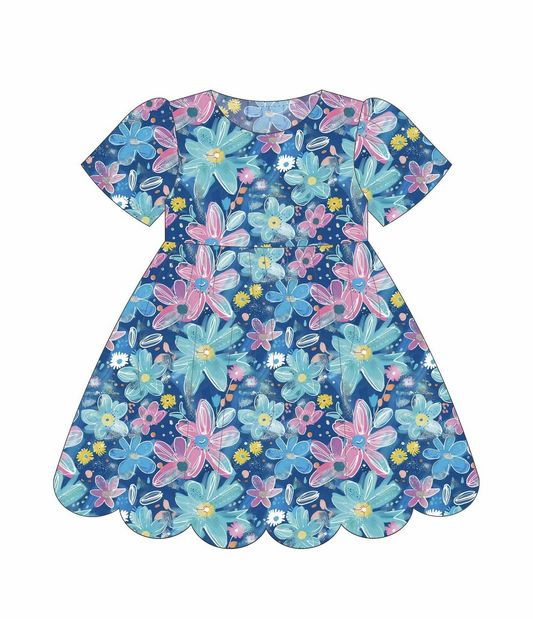 11.20 GSD3175 Pre order No Moq Baby Girls Short Sleeve Blue Pink Flowers Ruffle Knee Length Dresses