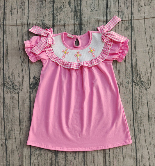 11.26 GSD3178 Sample No Moq Smocked Crosses Baby Girls Short Ruffle Sleeve Easter Knee Length Dresses