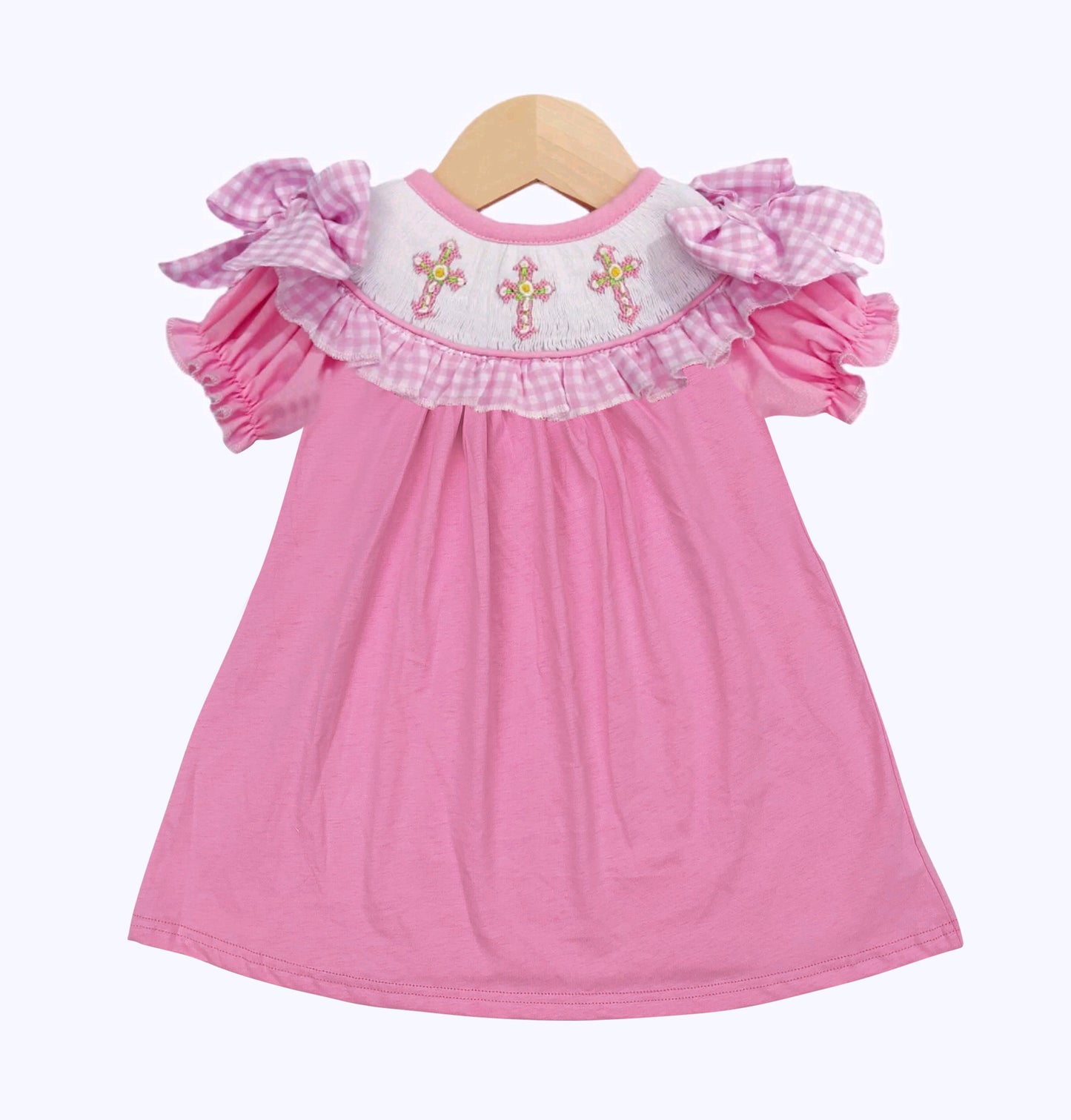 11.20 GSD3178 Pre order No Moq Baby Girls Short Ruffle Sleeve Floral Crosses Easter Knee Length Dresses