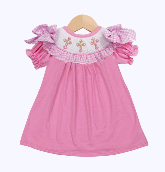 11.20 GSD3178 Pre order No Moq Baby Girls Short Ruffle Sleeve Floral Crosses Easter Knee Length Dresses