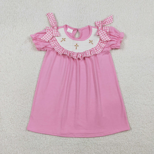 1.13 RTS NO MOQ （In stock）GSD3178 Smocked Crosses Baby Girls Short Ruffle Sleeve Easter Knee Length Dresses