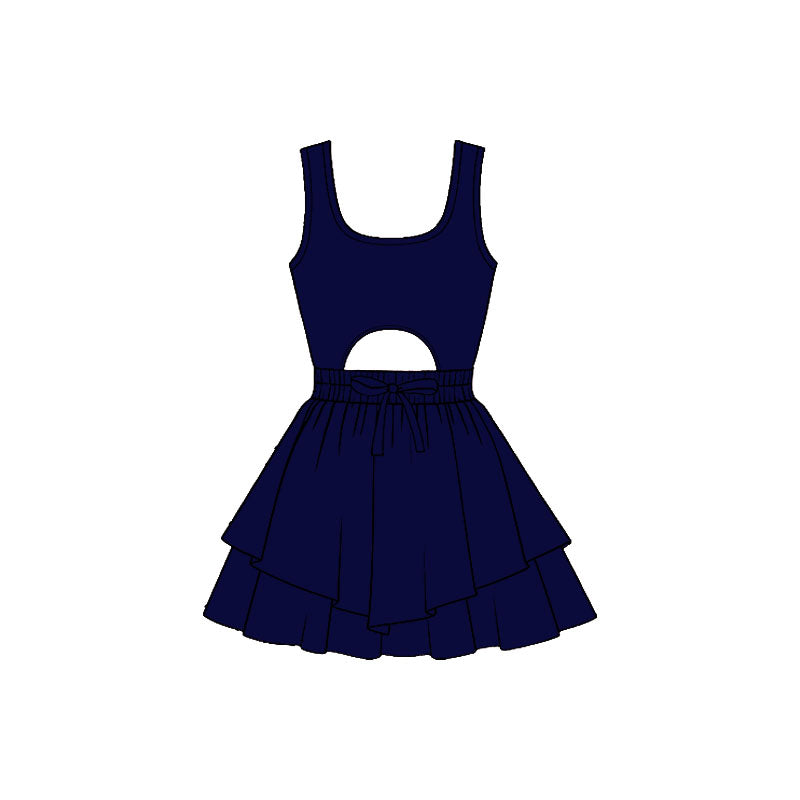 11.21 GSD3180 Pre order No Moq Yoga fabric Baby Girls Navy Sleeveless Vest Ruffle Bottom Yoga Shorts Knee Length Dresses