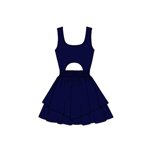 11.21 GSD3180 Pre order No Moq Yoga fabric Baby Girls Navy Sleeveless Vest Ruffle Bottom Yoga Shorts Knee Length Dresses