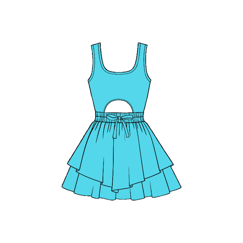 11.21 GSD3187 Pre order No Moq Yoga fabric Baby Girls Blue Sleeveless Vest Ruffle Bottom Yoga Shorts Knee Length Dresses