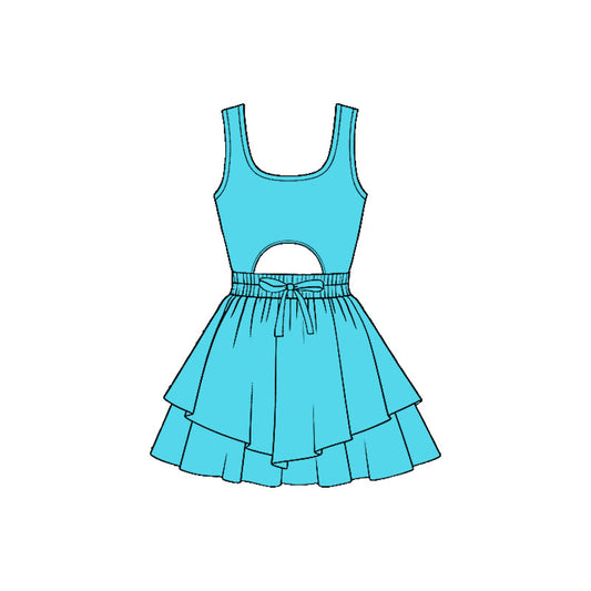 11.21 GSD3187 Pre order No Moq Yoga fabric Baby Girls Blue Sleeveless Vest Ruffle Bottom Yoga Shorts Knee Length Dresses