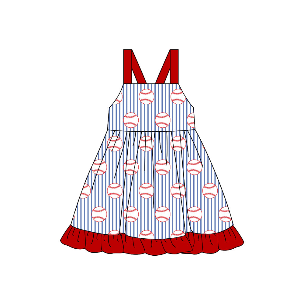 11.21 GSD3199 Pre order No Moq Baby Girls Strap Baseballs Stripe Team Ruffle Knee Length Dresses