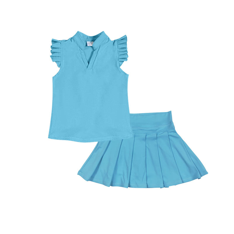 11.22 GSD3202 Pre order No Moq Yoga fabric Baby Girls Blue Button Shirts Top Pleated Skirt Shorts Yoga Clothes Sets