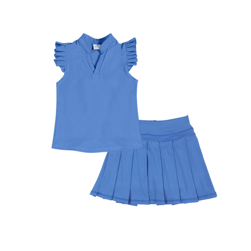 11.22 GSD3203 Pre order No Moq Yoga fabric Baby Girls Hot Blue Button Shirts Top Pleated Skirt Shorts Yoga Clothes Sets