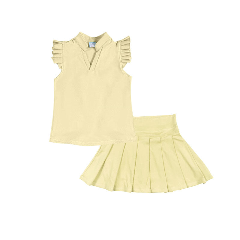 11.22 GSD3205 Pre order No Moq Yoga fabric Baby Girls Yellow Button Shirts Top Pleated Skirt Shorts Yoga Clothes Sets