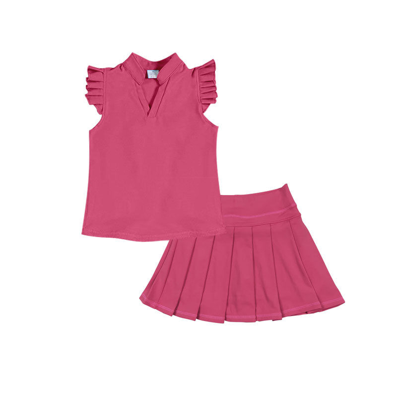 11.22 GSD3207 Pre order No Moq Yoga fabric Baby Girls Hot Pink Button Shirts Top Pleated Skirt Shorts Yoga Clothes Sets