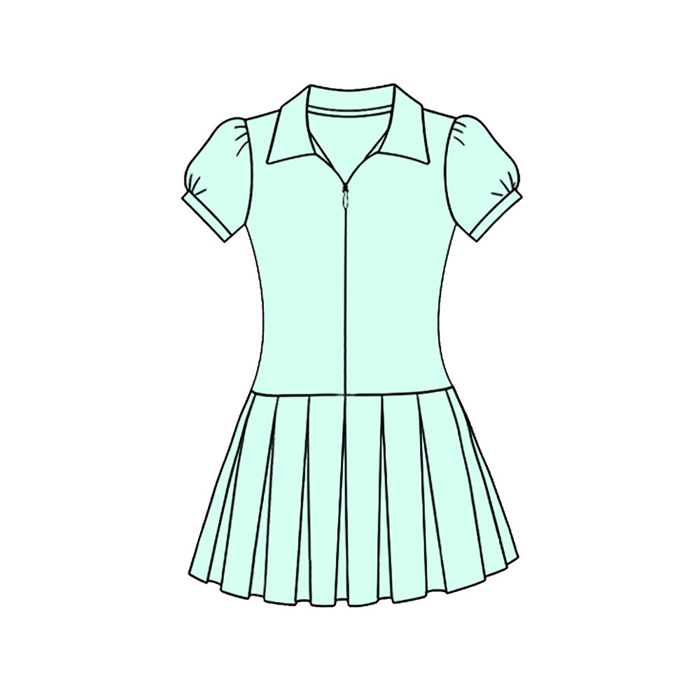 11.22 GSD3208 Pre order No Moq Yoga fabric Baby Girls Light Blue Short Sleeve Zipper Pleated Yoga Knee Length Dresses