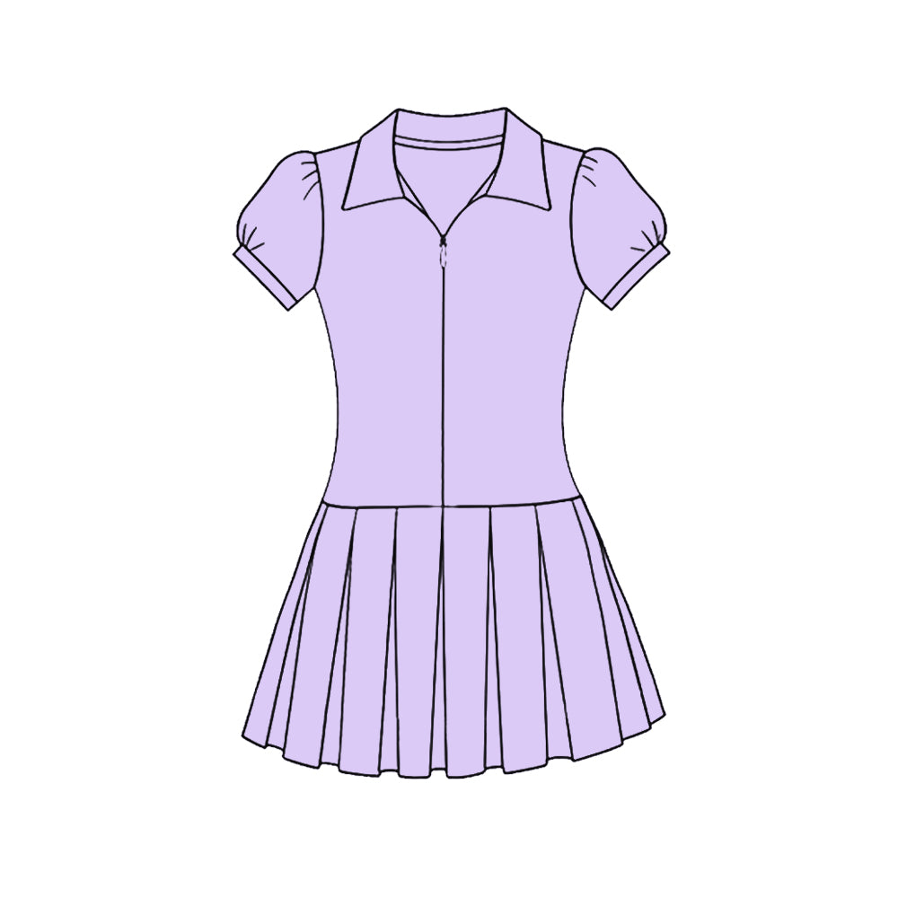11.22 GSD3213 Pre order No Moq Yoga fabric Baby Girls Lavender Short Sleeve Zipper Pleated Yoga Knee Length Dresses
