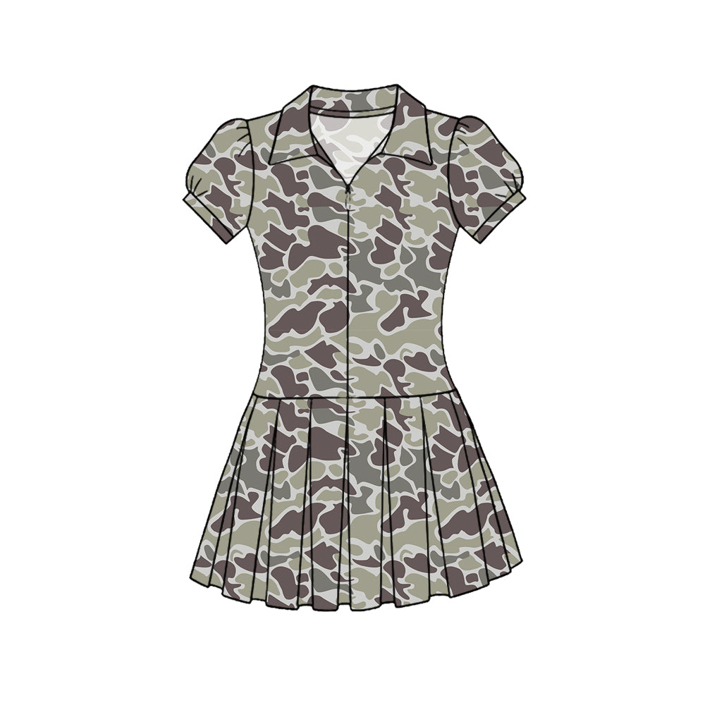 11.22 GSD3214 Pre order No Moq Yoga fabric Baby Girls Southern Grey Camo Zipper Pleated Yoga Knee Length Dresses