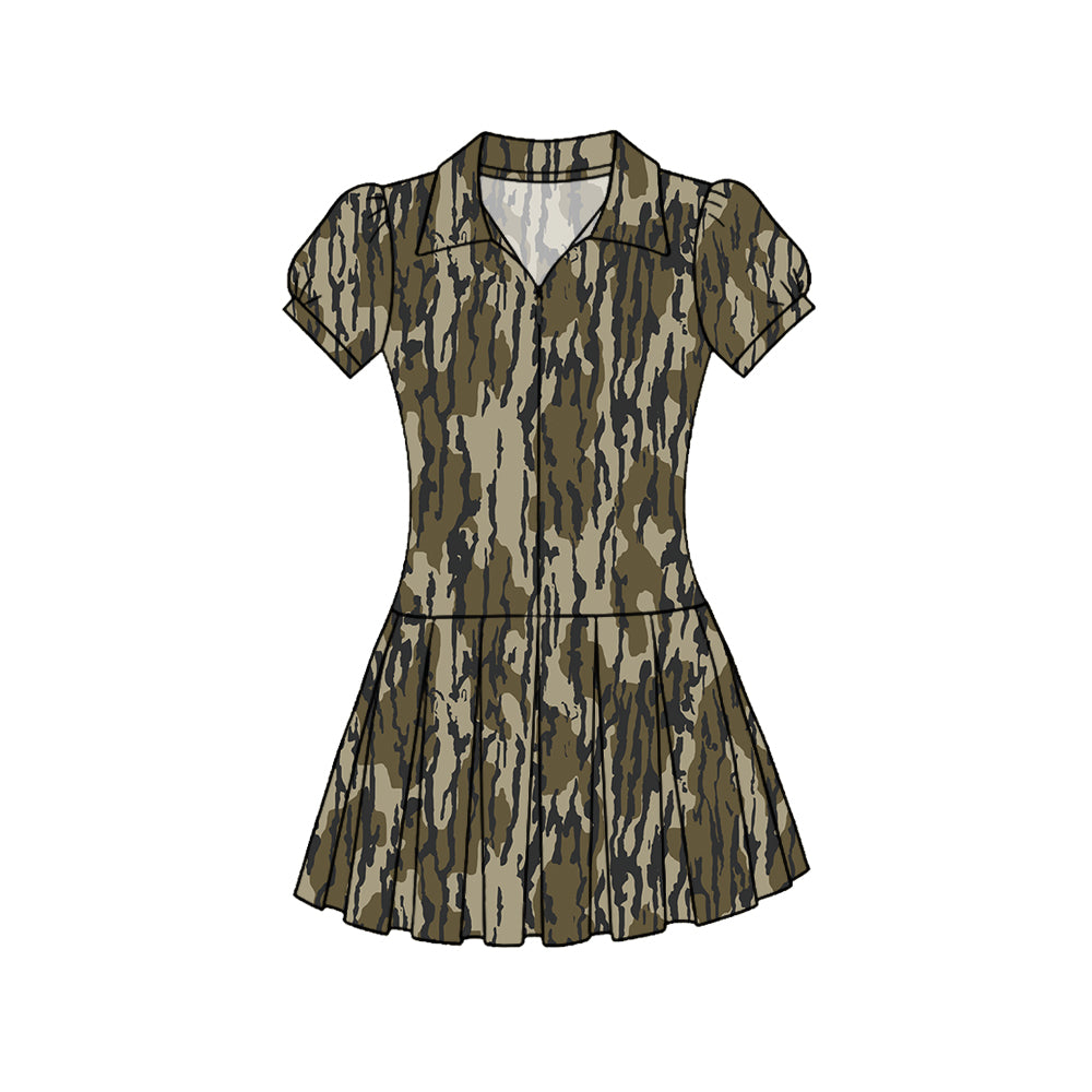 11.22 GSD3215 Pre order No Moq Yoga fabric Baby Girls Southern Olive Camo Zipper Pleated Yoga Knee Length Dresses