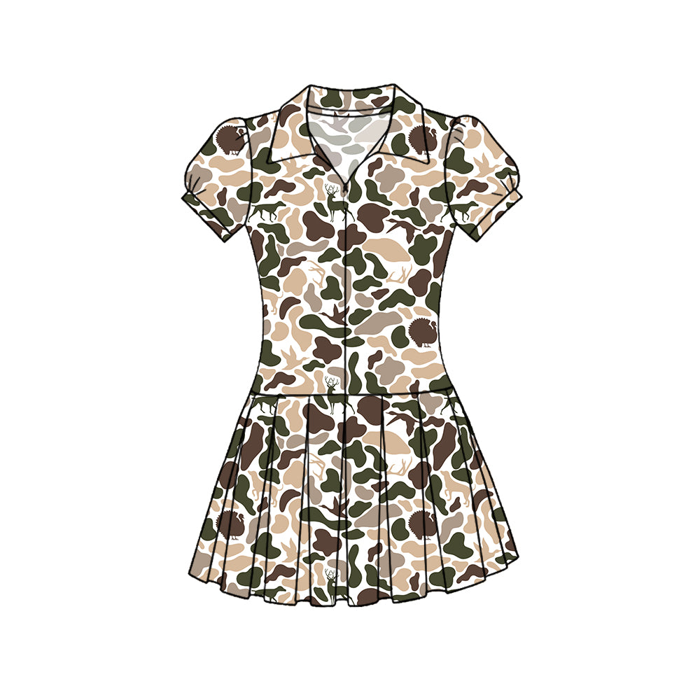 11.22 GSD3219 Pre order No Moq Yoga fabric Baby Girls Dog Ducks Deer Camo Zipper Pleated Hunting Yoga Knee Length Dresses