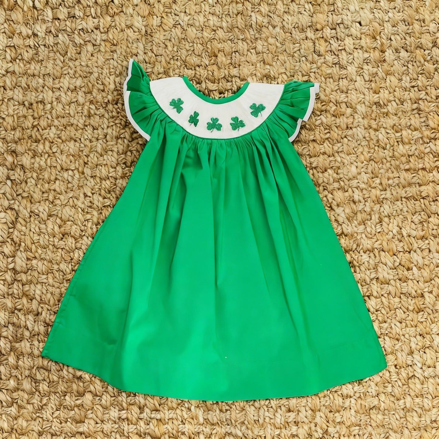11.22 GSD3222 Pre order No Moq Baby Girls Green Flutter Sleeve Clovers St Patrick Knee Length Dresses