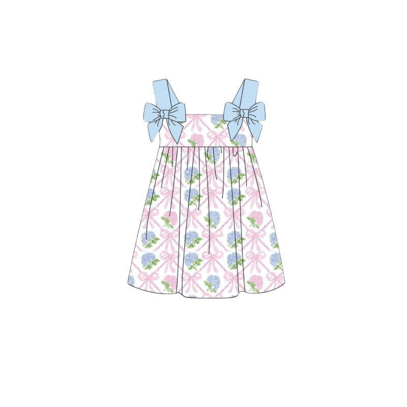 11.22 GSD3227 Pre order No Moq Baby Girls Blue Strap Flowers Bows Checked Knee Length Dresses