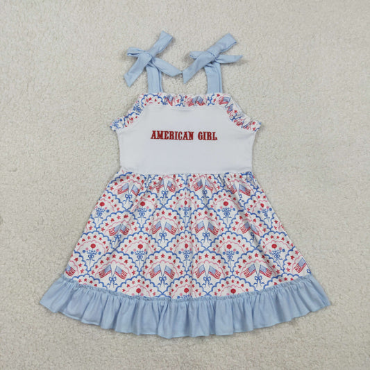 1.23 RTS NO MOQ （In stock）GSD3239 Embroidery American Girls Strap Bows Flags 4th of July Ruffle Knee Length Dress