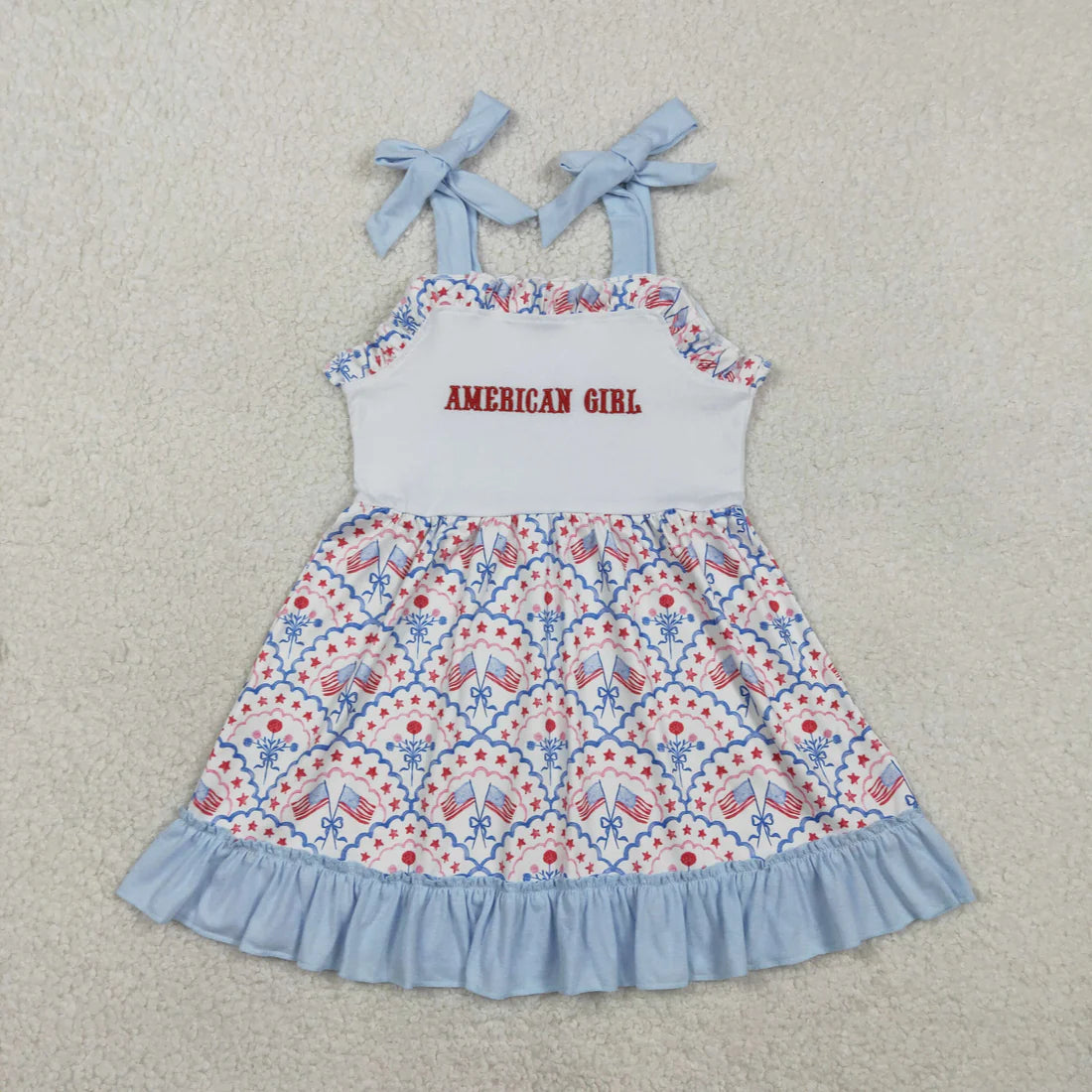 2.11 RTS Sibling Baby Girls Summer Embroidery Bows Flags Checked 4th of July Knee Length Dresses