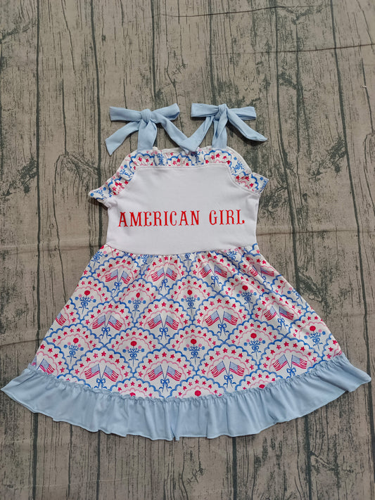 1.5 GSD3239 Pre order No Moq Embroidery American Girls Strap Flags 4th of July Ruffle Knee Length Dresses
