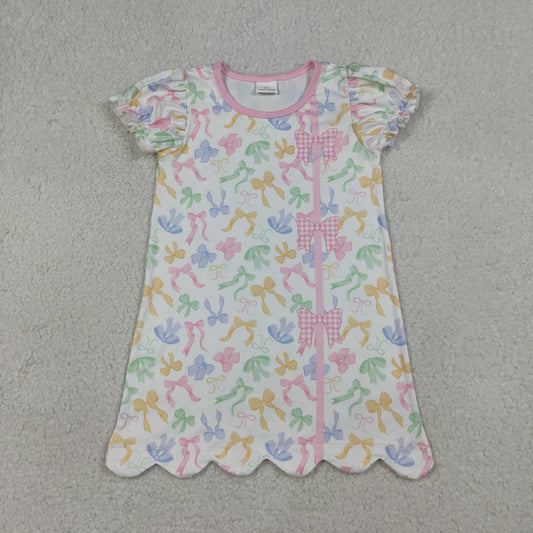3.24 RTS NO MOQ （In stock）GSD3245 Kids Fashion Clothes Baby Girls Short Sleeve Colorful Bows Button Scallop Knee Length