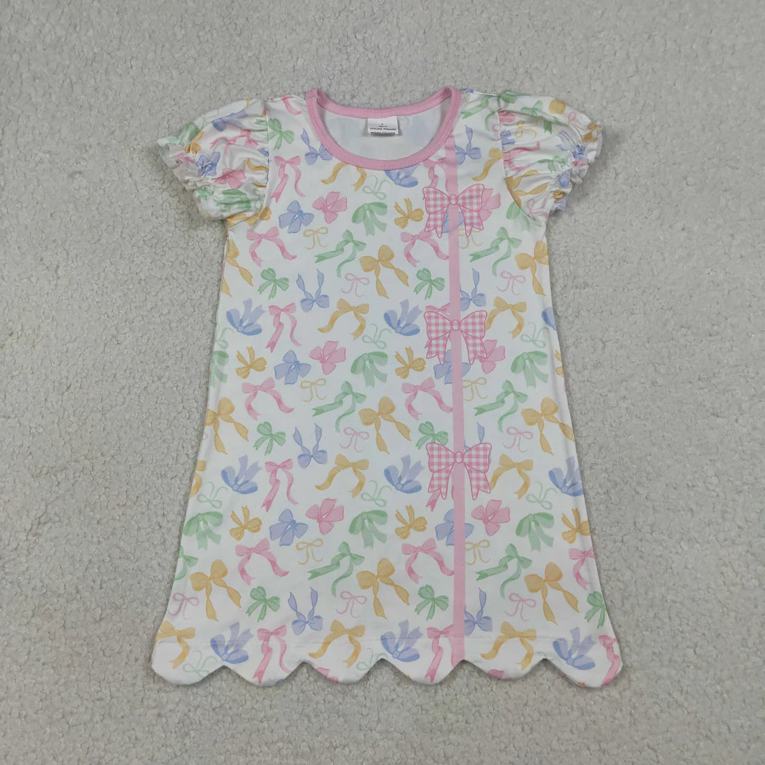 3.26 RTS Sibling Baby Girls Short Ruffle Sleeve Colorful Bows Scallop Knee Length Dress Rompers
