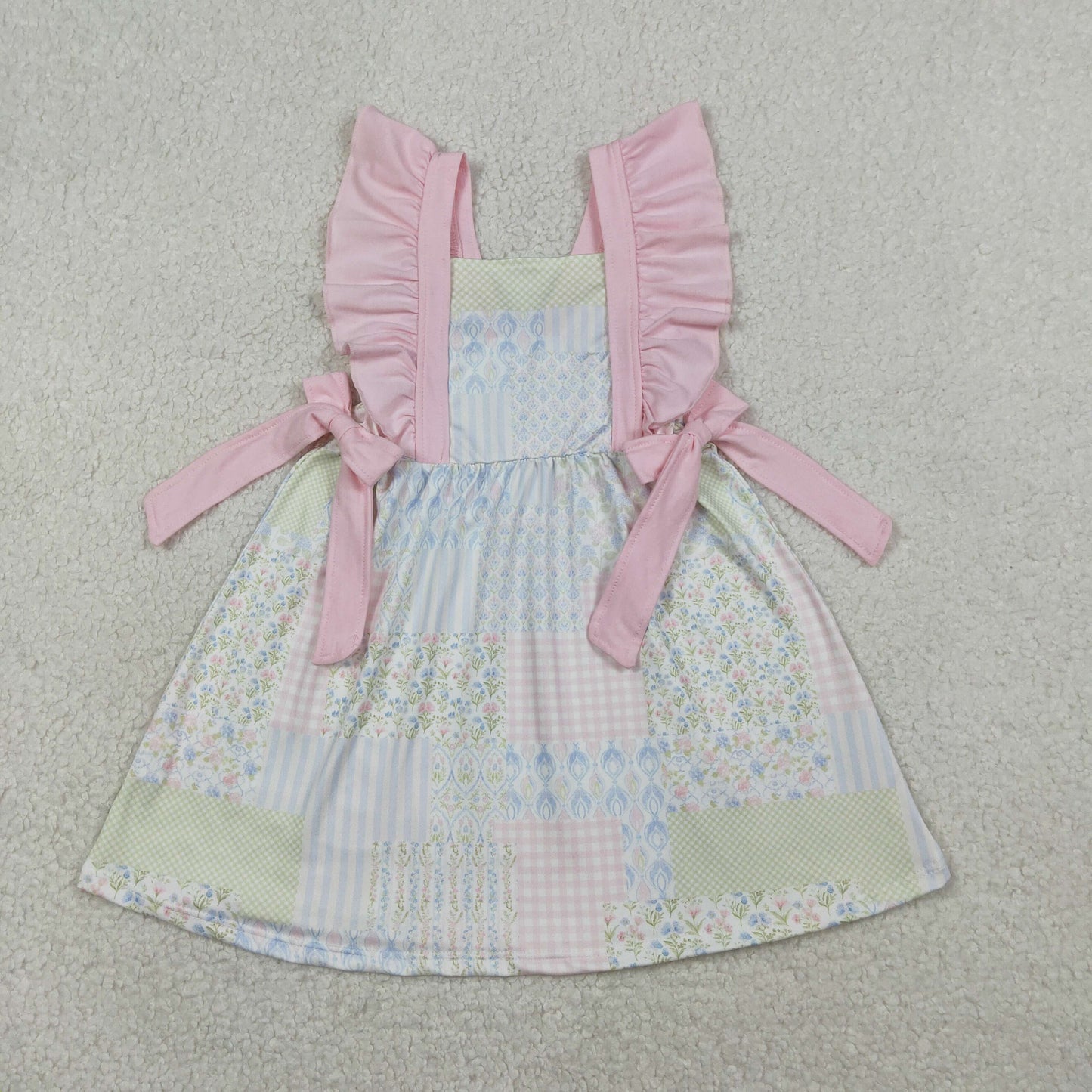 1.20 RTS NO MOQ （In stock）GSD3249 Baby Girls Flutter Sleeve Pink Flowers Checked Knee Length Dresses