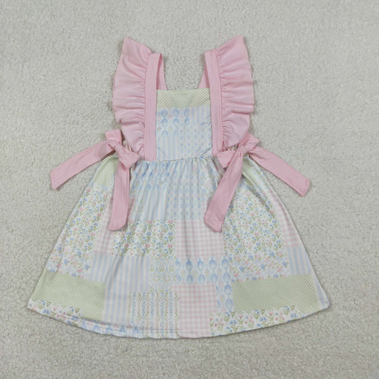 1.20 RTS NO MOQ （In stock）GSD3249 Baby Girls Flutter Sleeve Pink Flowers Checked Knee Length Dresses