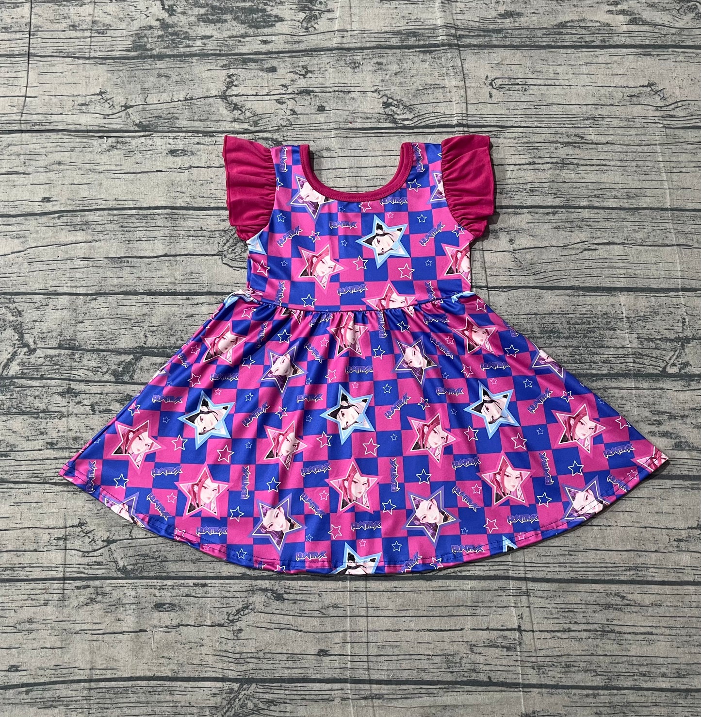 1.5 GSD3284 Pre order No Moq Baby Girls Hot Pink Checked Stars Demon Hunter Knee Length Dresses