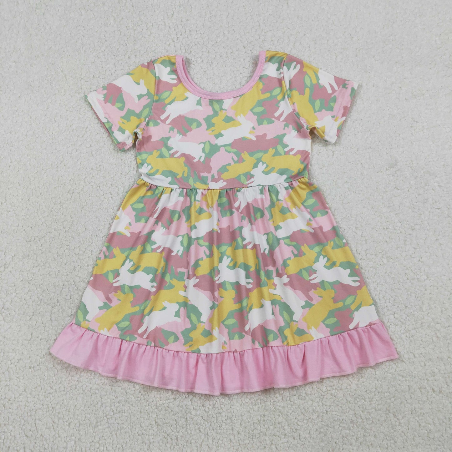 1.14 RTS NO MOQ （In stock）GSD3286 Baby Girls Short Sleeve Rabbits Camo Easter Ruffle Knee Length Dresses