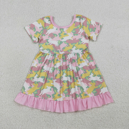 1.14 RTS NO MOQ （In stock）GSD3286 Baby Girls Short Sleeve Rabbits Camo Easter Ruffle Knee Length Dresses