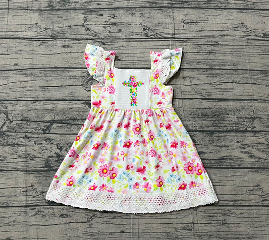 3.9 GSD3313 Sample No Moq Baby Girls Embroidery Floral Cross Easter Ruffle Knee Length Dresses
